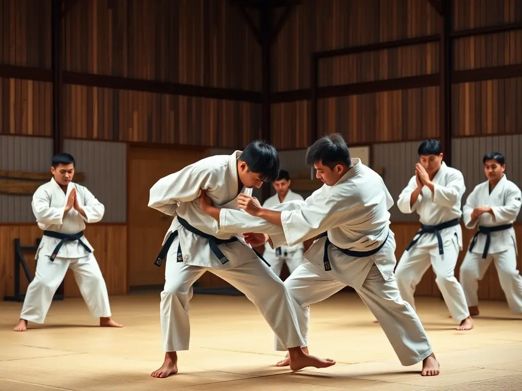 A group of Aikido students practicing a synchronized movement under the guidance of a senior instructor in a traditional dojo setting, emphasizing the discipline and coordination involved in Aikido.