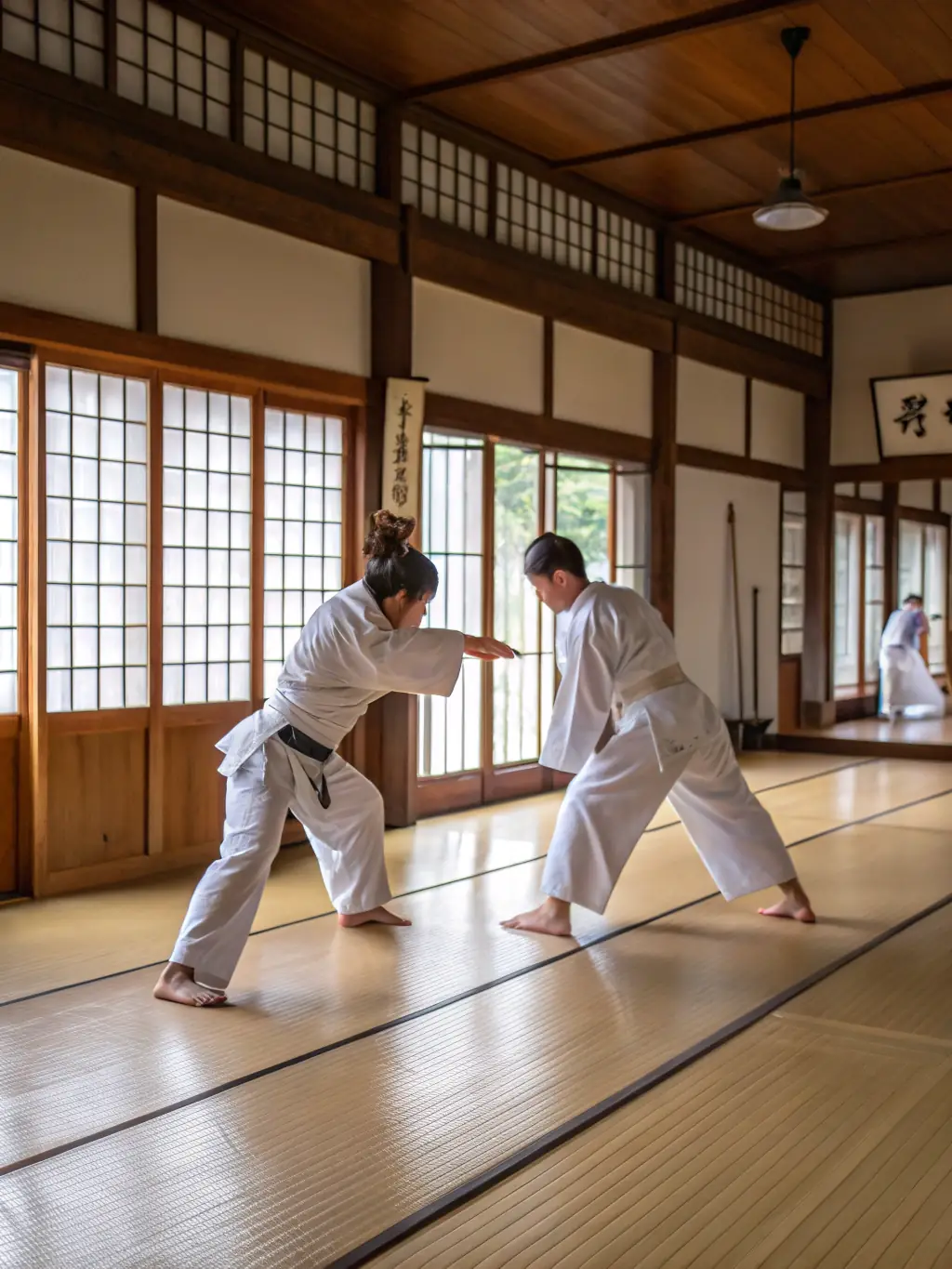 A group of adults practicing Aikido techniques in a dojo, focusing on controlled movements and partner work, emphasizing the discipline and respect inherent in the art.