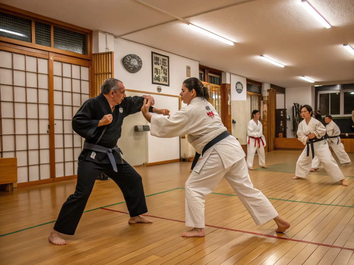 A diverse group of individuals of different ages and backgrounds participating in a Budo training session, showcasing the inclusive and welcoming atmosphere of the COMITE DEPARTEMENTAL DU CHER D'AIKIDO ET DE BUDO.
