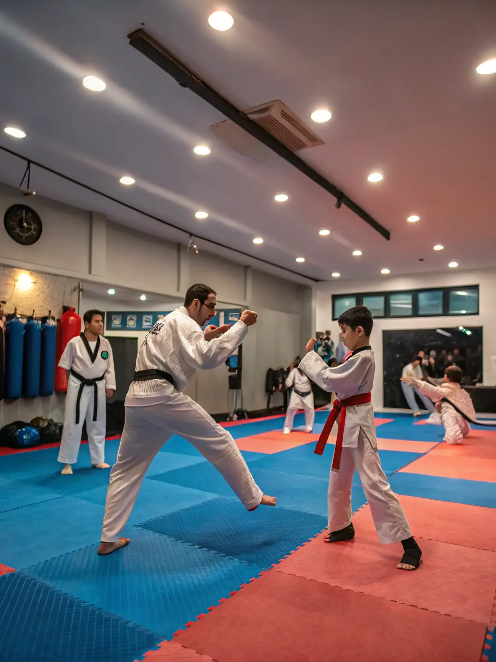 A diverse group of individuals participating in a weapons training session (e.g., Bokken, Jo), demonstrating the advanced techniques and historical aspects of Aikido and Budo.