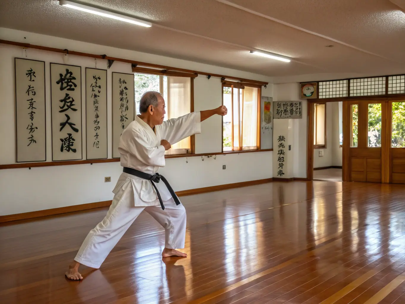 A Budo master demonstrating a traditional weapon technique, emphasizing the historical and cultural aspects of Budo.