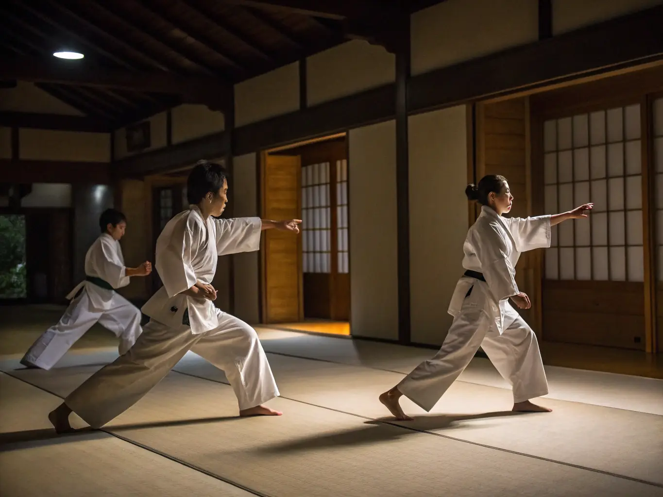 A group of Aikido students practicing a synchronized defense technique in a dojo, showcasing the discipline and coordination involved in Aikido.