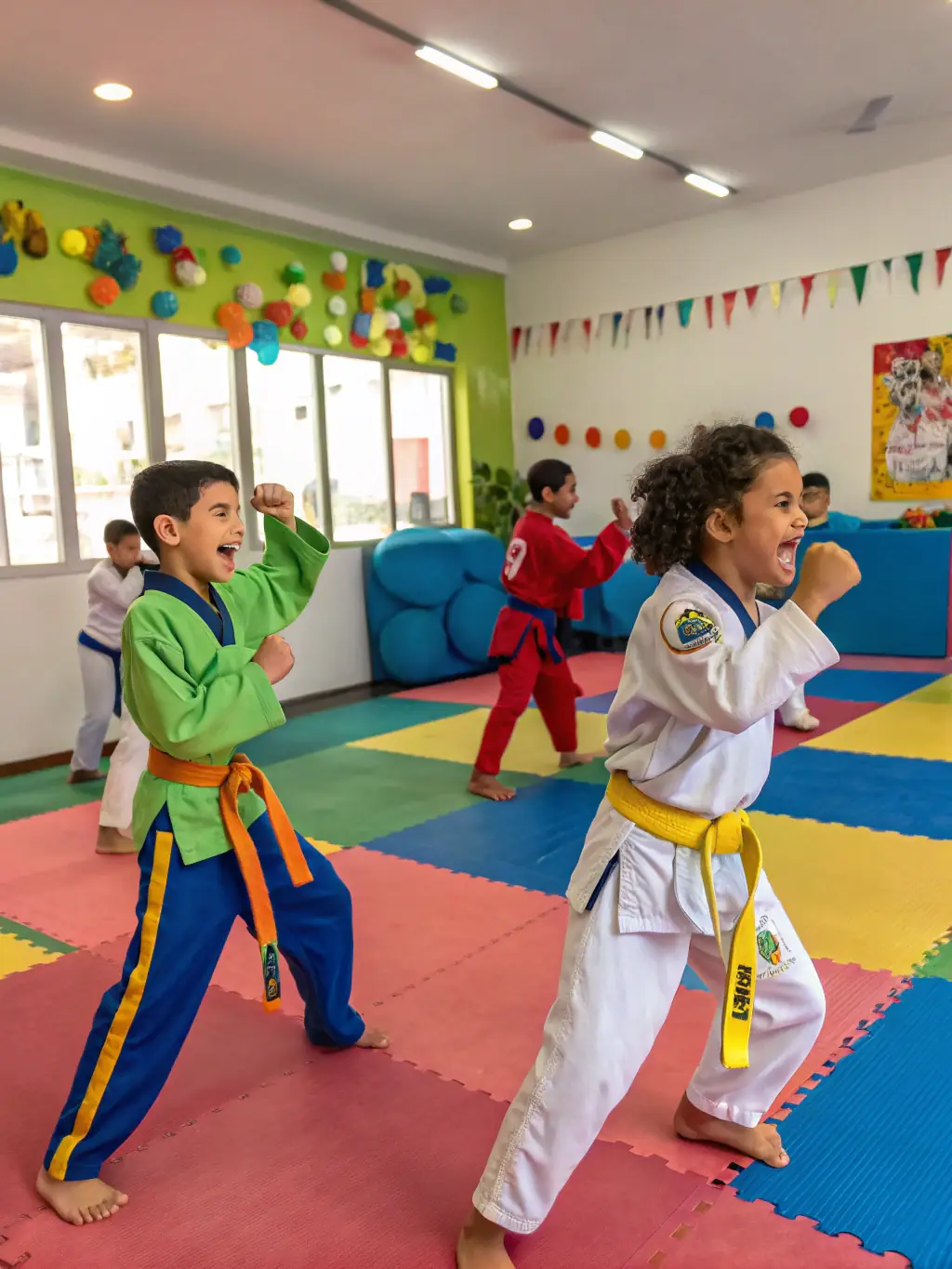 Children in a Budo class learning basic stances and movements, with an instructor guiding them, highlighting the fun and engaging aspects of martial arts for kids.