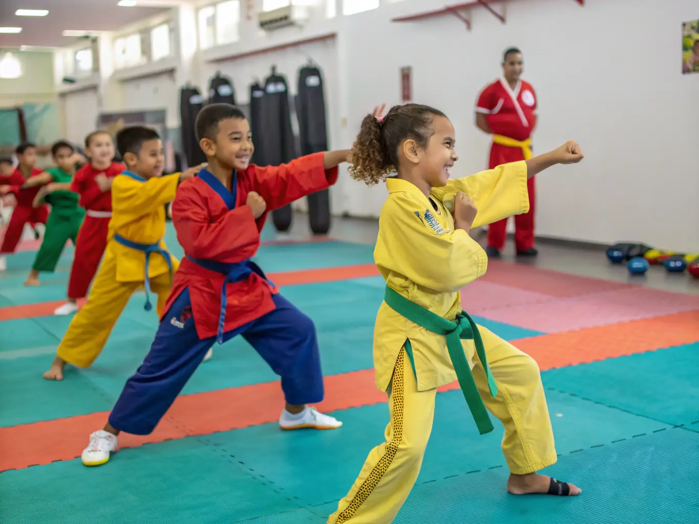 Children participating in a specially designed Aikido class, focusing on fun, fitness, and character development.